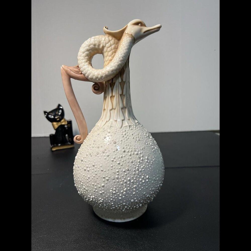 Strauss & Sons Rudolstadt Works Antique 1900s Pitcher Ewer Pearlware Bird Spout